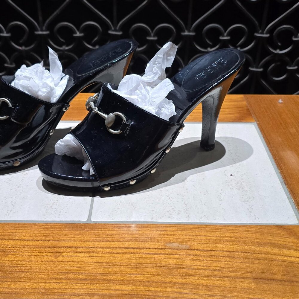 Gucci Mules 3" Heel Horsebit Patent Leather Slides